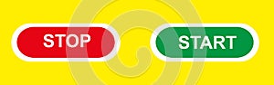 Start and stop buttons. Web buttons isolated on yellow background. Green and red buttons.