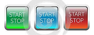 Start and stop on square buttons. Web buttons. Press button icon vector. UI button concept