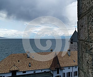 Start of a storm over lake Geneva in Swtzerland, view on Musee Suisse du jeux