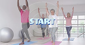 Start text against two senior diverse couples performing stretching exercise together at home
