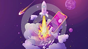 Start-up business modern illustration. Rocket taking off with a cloud of smoke and fire. Mobile phone on ultraviolet