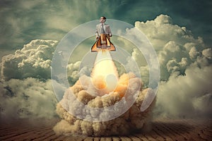 Start up concept with businessman holding briefcase and standing in front of rocket shaped gap in wall, revealing sunlit