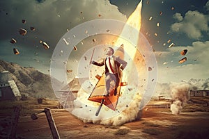 Start up concept with businessman holding briefcase and standing in front of rocket shaped gap in wall, revealing sunlit