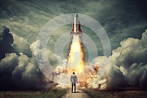 Start up concept with businessman holding briefcase and standing in front of rocket shaped gap in wall, revealing sunlit