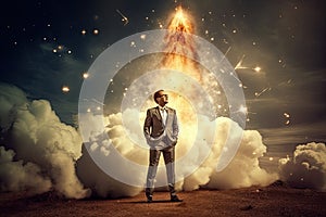 Start up concept with businessman holding briefcase and standing in front of rocket shaped gap in wall, revealing sunlit