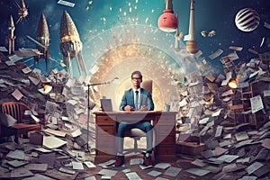 Start up concept with businessman holding briefcase and standing in front of rocket shaped gap in wall, revealing sunlit