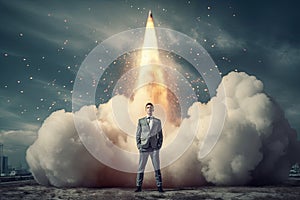 Start up concept with businessman holding briefcase and standing in front of rocket shaped gap in wall, revealing sunlit