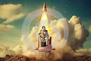 Start up concept with businessman holding briefcase and standing in front of rocket shaped gap in wall, revealing sunlit