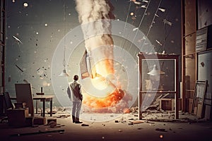Start up concept with businessman holding briefcase and standing in front of rocket shaped gap in wall, revealing sunlit