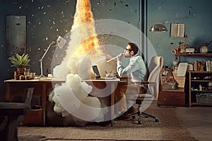 Start up concept with businessman holding briefcase and standing in front of rocket shaped gap in wall, revealing sunlit