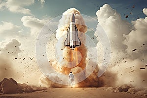 Start up concept with businessman holding briefcase and standing in front of rocket shaped gap in wall, revealing sunlit