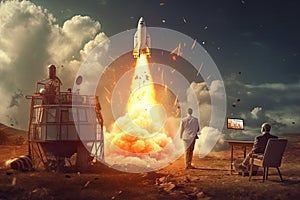 Start up concept with businessman holding briefcase and standing in front of rocket shaped gap in wall, revealing sunlit