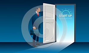 Start up concept. Businessman opens the door. Symbol of new career, opportunities, business ventures and challenges. Business