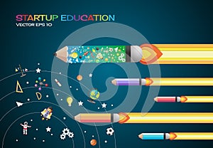 Start up concept. pencils rocket flying education concept