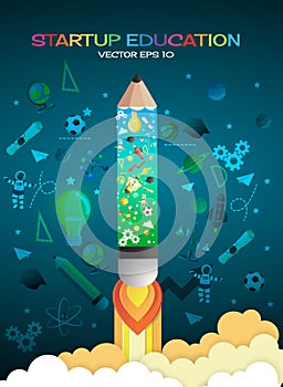 Start up concept. pencils rocket flying education concept