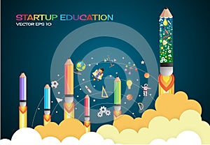 Start up concept. pencils rocket flying education concept