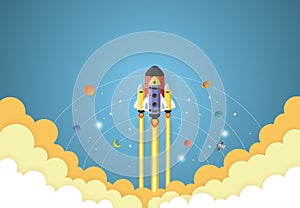 Start up concept. rocket flying on earth