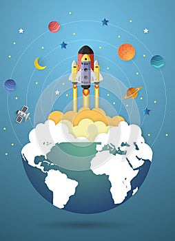 Start up concept. rocket flying on the earth