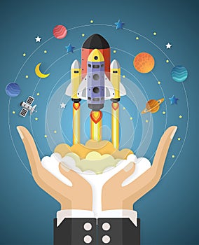 Start up concept. rocket flying on hands