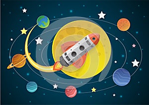 Start up concept. rocket flying on the moon