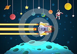 Start up concept. rocket flying on the moon