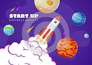 Start up concept space background with rocket and planets. Web design. Space exploring vector illustration.
