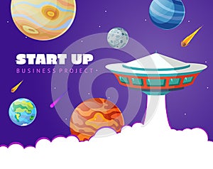 Start up concept space background with ufo and planets. Web design. Space exploring vector illustration.