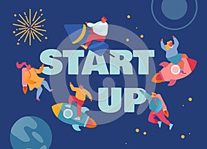 Start Up, Corporate Competition Concept. Business People Flying with Rocket Engine and Jetpack in Open Space photo