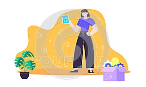 Start up founder. Concept with young asian woman, keyword, icons - clog, dollar sign, light bulb, brain