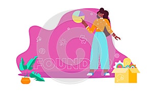 Start up founder. Concept with young black woman, keyword, icons - clog, dollar sign, light bulb, brain