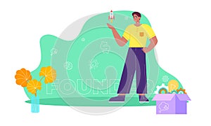 Start up founder. Concept with young latin man, keyword, icons - clog, dollar sign, light bulb, brain