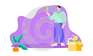 Start up founder. Concept with young white man, keyword, icons - clog, dollar sign, light bulb, brain