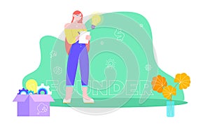 Start up founder. Concept with young white woman, keyword, icons - clog, dollar sign, light bulb, brain