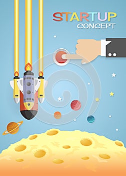 Start Up. hands pushing the start button. Concept business