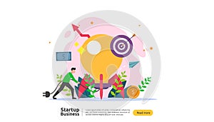 start up idea concept. project business with rocket tiny people character. new product or service launch template for web landing