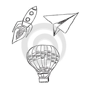 Start, up, launch, vector, illustration, set, sketch