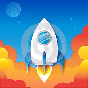 Start up rocket arrow symbol on blue background.