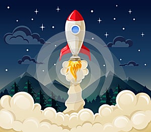 Start up space rocket ship in flat style