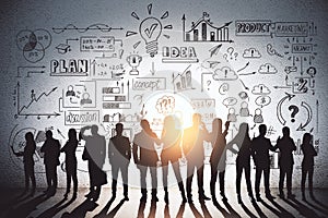 Start up and teamwork concept with people silhouettes on light wall background with handwritten business plan details