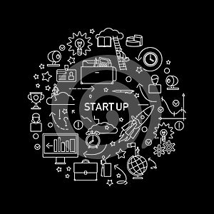 Start Up vector concept with line icons on black background