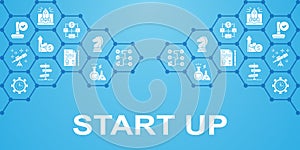 Start Up vector illustration on blue background. Time management, idea generation, presentation banner and presentation