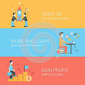 Start up, work and learn, gain profit flat web vector templates