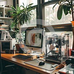 A start-ups workspace with a 3D printer creating tech prototypes photo