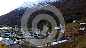 Hellesylt town on Sunnylven fjord in Norway photo