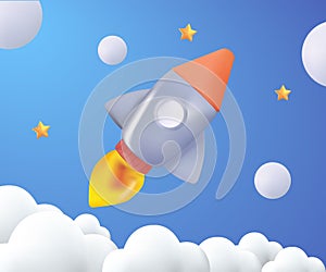 Start your business. Start up idea banner, development technology, rocket banner. 3D Vector illustration. Space rocket