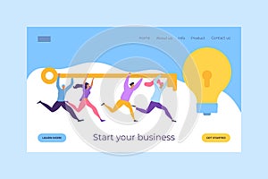 Start your business with susccess key to idea, vector illustration. Business people character teamwork strategy for