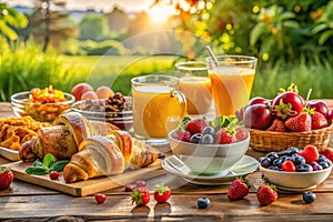 A Colorful and Nutritious Breakfast Spread Fresh Fruits Vegetables and Grains for a Delightful Morning Meal photo