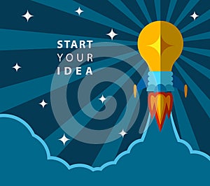 Start your idea, creative poster with light bulb transformed into rocket