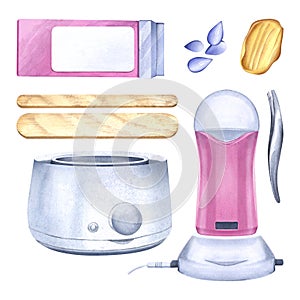 Starter kit for body hair removal. Wax melter, wax cartridge, tweezers, wooden sticks, granules. Watercolor illustration