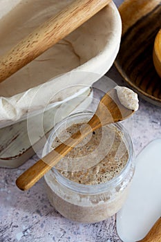 Starter sourdough. Baking homemade bread with wild sourdough and wholemeal flour.